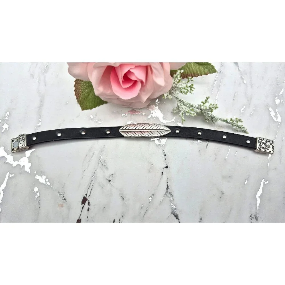 Mens Black Leather Bracelet Silver Tone Feather Slide Charm Punk Magnetic Clasp
